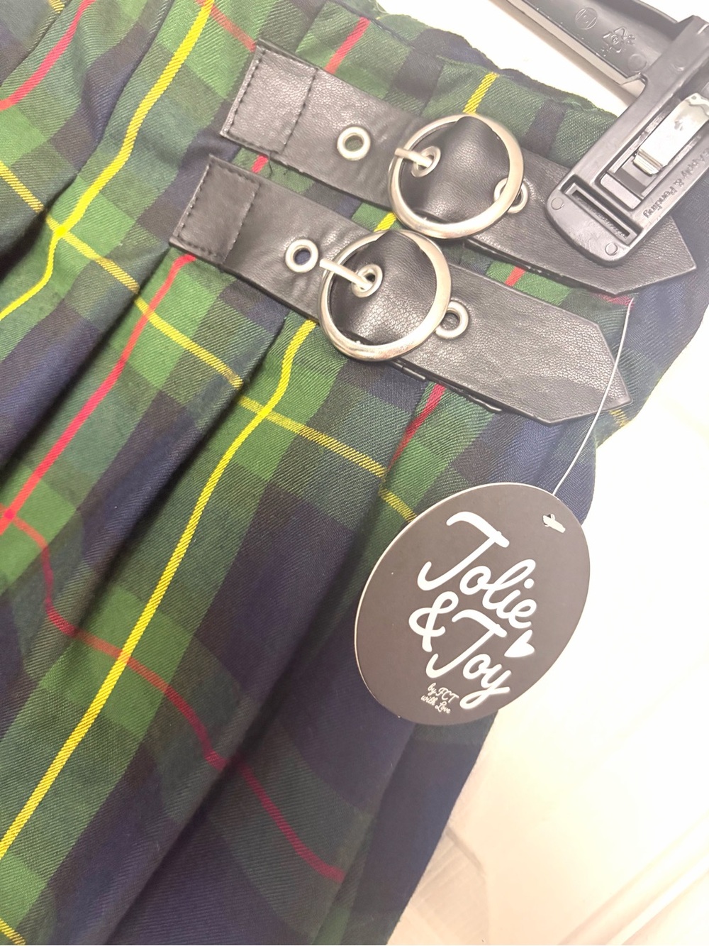 Plaid Pleated Mini Skirt with Buckle Straps - Green Tartan - Picture 2 of 4
